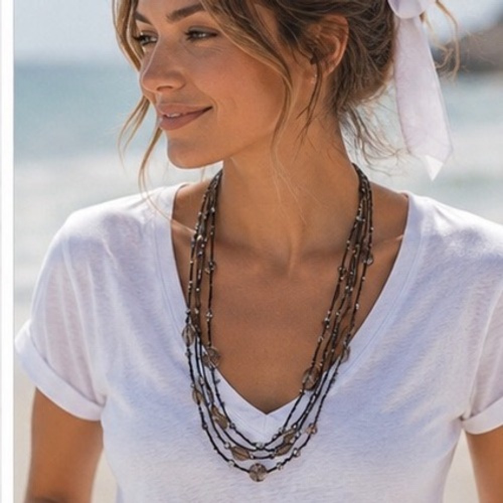 Seed Beed Multi-Strand Layered Faceted Smoky Quartz Spheres Necklace